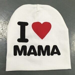 Baby Cap Beanie Hat  I Love Mama White Cotton 6-48 Months White Black Red Heart
